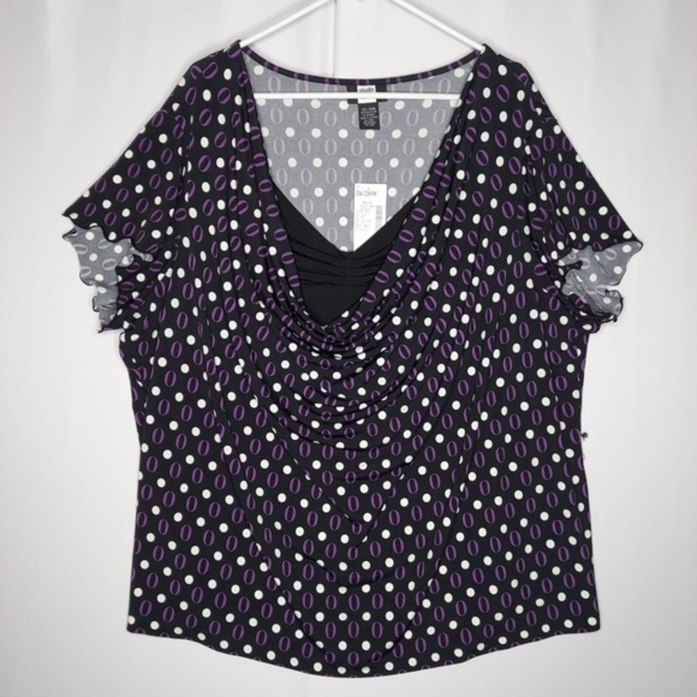 Studio1940 Y2K Top‎ Women Purple Polka-dot Cowl Flutter 26/28 NEW